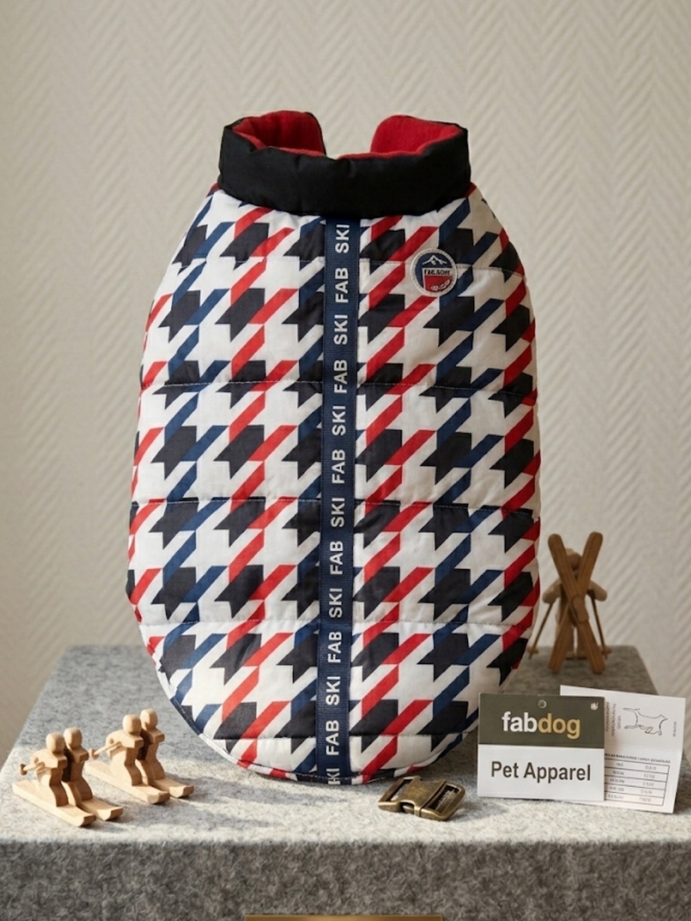 Fab Dog Colorblock Houndstooth Dog Jacket Puffer Pet Coat Red Black Blue L